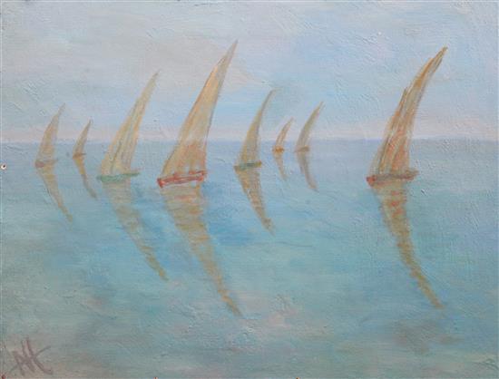 Nina Hosali (1898-1987) Fishing boats, Sfex, Tunisia, 18 x 24in., unframed.